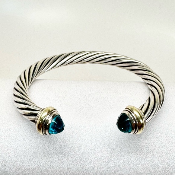 David Yurman 7mm Blue Topaz Cable Classic Cuff Bracelet .925/14K - Picture 2 of 10